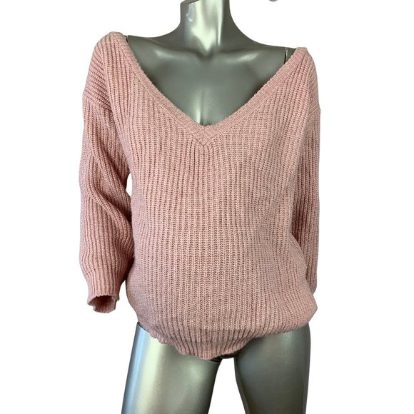 BOOHOO | Pink Knit Maternity V Neck Slouch Sweater - Picture 2 of 4